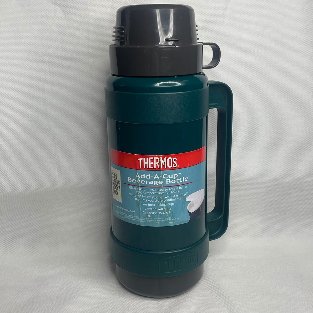 Vintage Thermos Add-A-Cup Beverage Bottle 1 Liter Green Gray Single Cup Vacuum